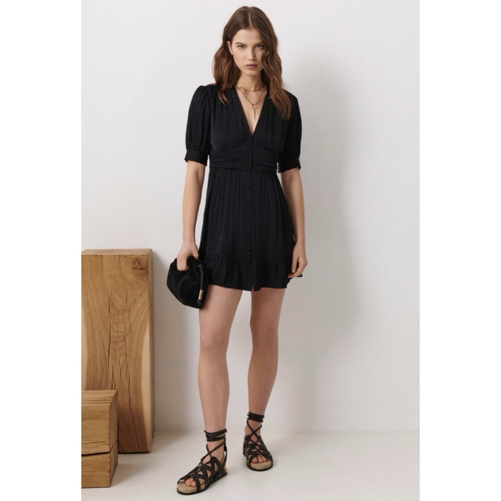 ba&sh Daniela Puff Sleeve Satin Mini Dress XS Black Button Down Party Date Night